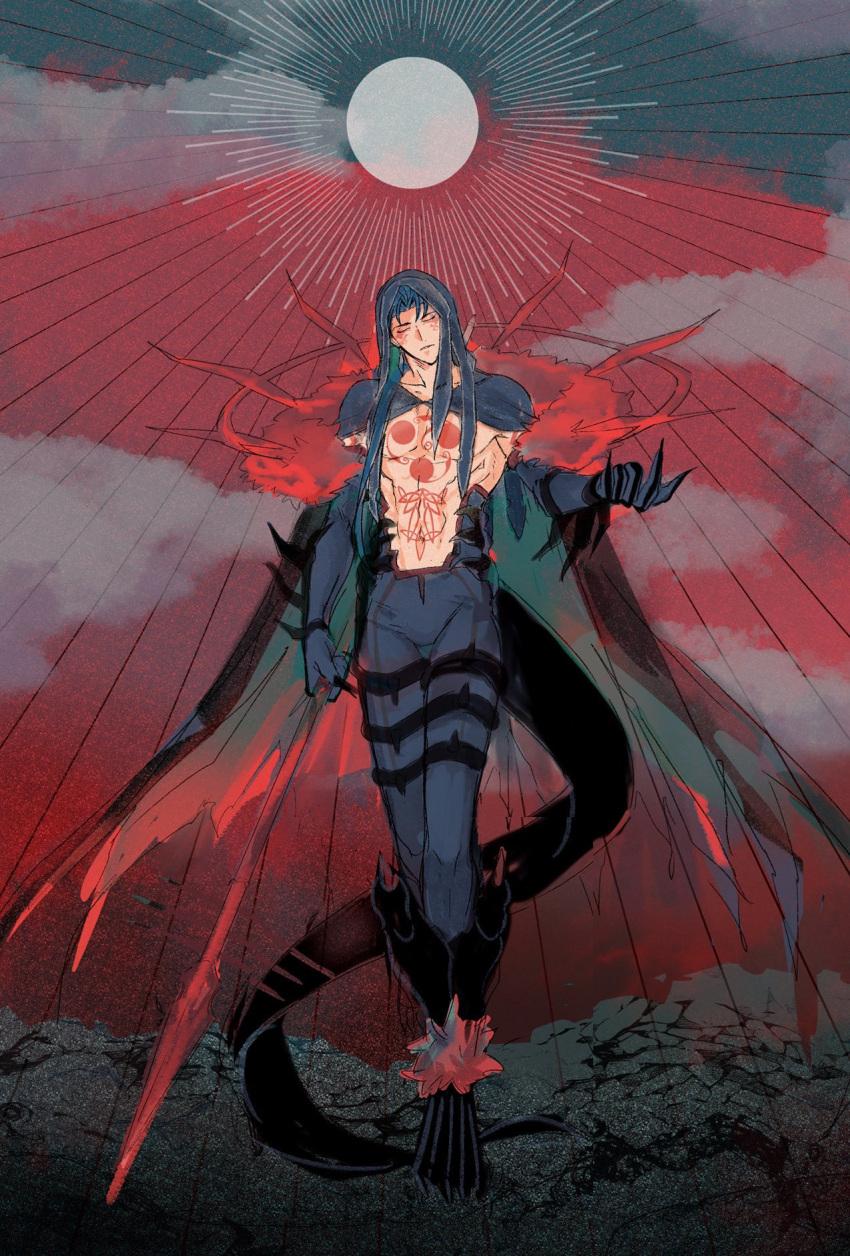 1boy bare_pectorals blue_hair bodypaint cape chest_tattoo closed_eyes cloud cloudy_sky cu_chulainn_(fate) cu_chulainn_alter_(fate) dark_blue_hair dark_persona detached_hood dragon_tail facepaint fate/grand_order fate_(series) fingernails full_body fur-trimmed_cape fur_trim gloves highres holding holding_polearm holding_weapon hood hood_up long_hair male_focus monster_boy osoba_(smen29) outdoors pectorals polearm sharp_fingernails sky solo spear spikes tail tattoo weapon