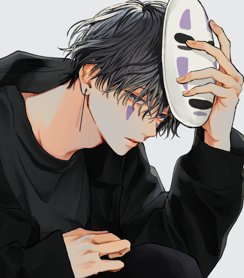 1boy black_hair black_jacket black_shirt blue_eyes closed_mouth earrings en_(e898n) facepaint hand_up highres holding holding_mask jacket jewelry kaonashi long_sleeves looking_at_viewer male_focus mask original sen_to_chihiro_no_kamikakushi shirt short_hair simple_background single_earring sleeves_past_wrists solo white_background