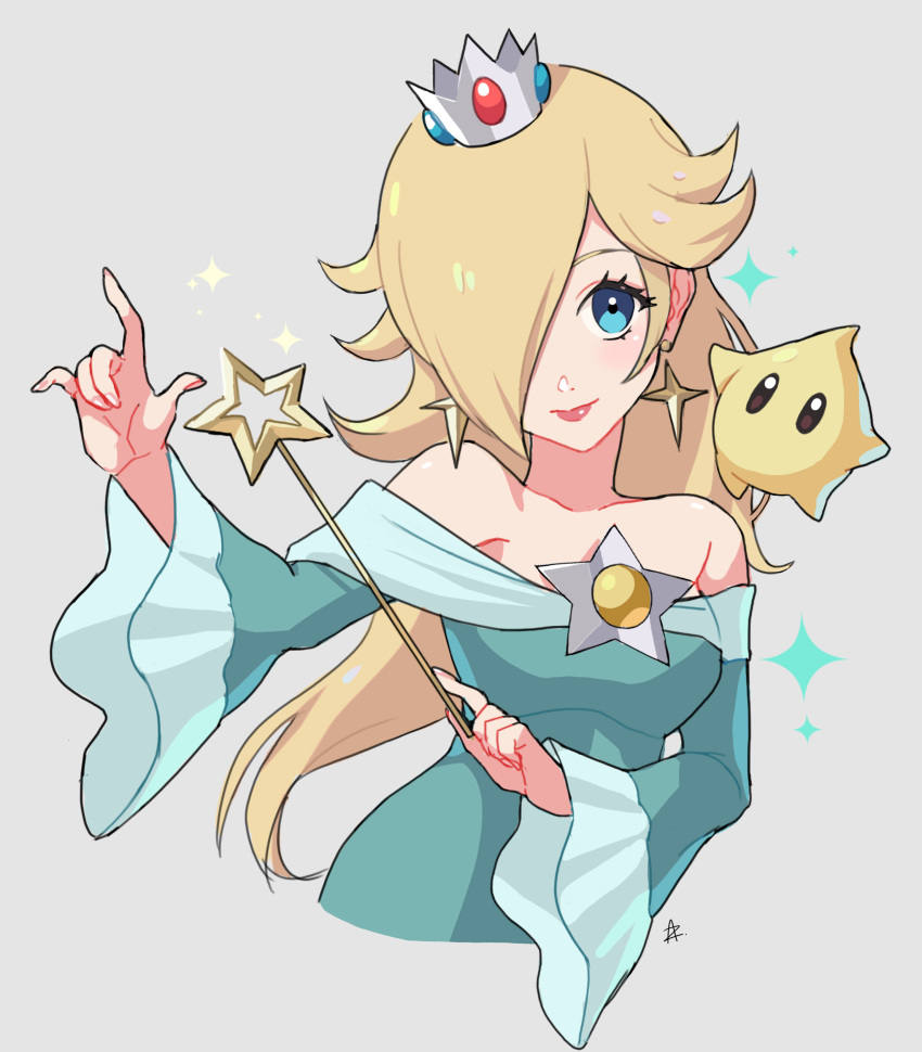 1girl absurdres aqua_dress bare_shoulders blonde_hair blue_eyes brooch cropped_torso crown dress earrings hair_over_one_eye highres holding holding_wand jewelry long_hair luma_(mario) mario_(series) off-shoulder_dress off_shoulder rosalina simple_background star_(symbol) star_brooch star_earrings star_wand wand wide_sleeves zedoraart