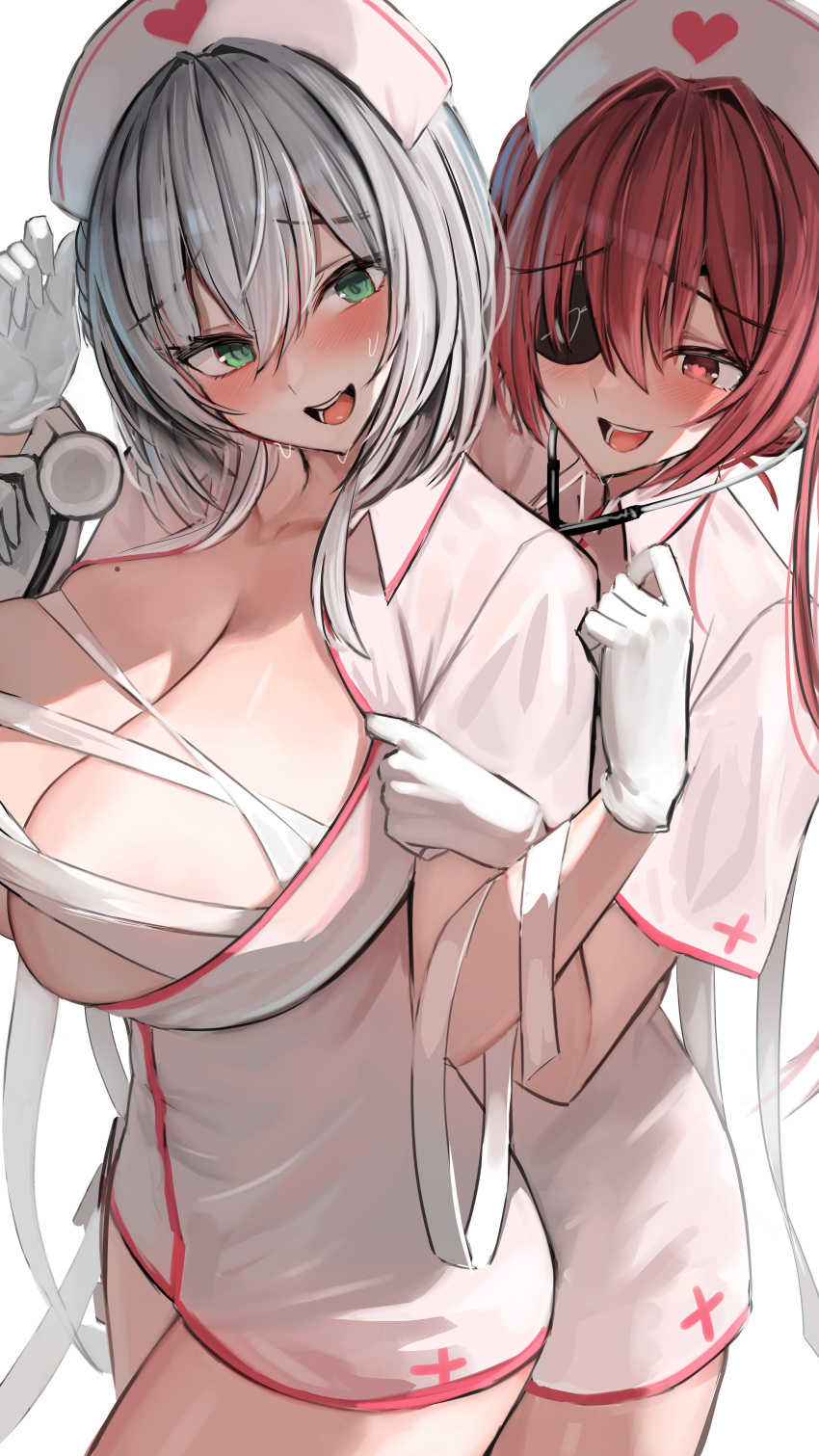2girls :d absurdres bandages behind_another breasts dress eyepatch gloves green_eyes grey_hair halloween_costume hana_hebi hands_up hat heart heart-shaped_pupils highres holding_stethoscope hololive houshou_marine huge_breasts mole mole_on_breast multiple_girls nurse nurse_cap open_clothes open_mouth open_shirt red_eyes red_hair shirogane_noel short_dress smile symbol-shaped_pupils virtual_youtuber white_gloves