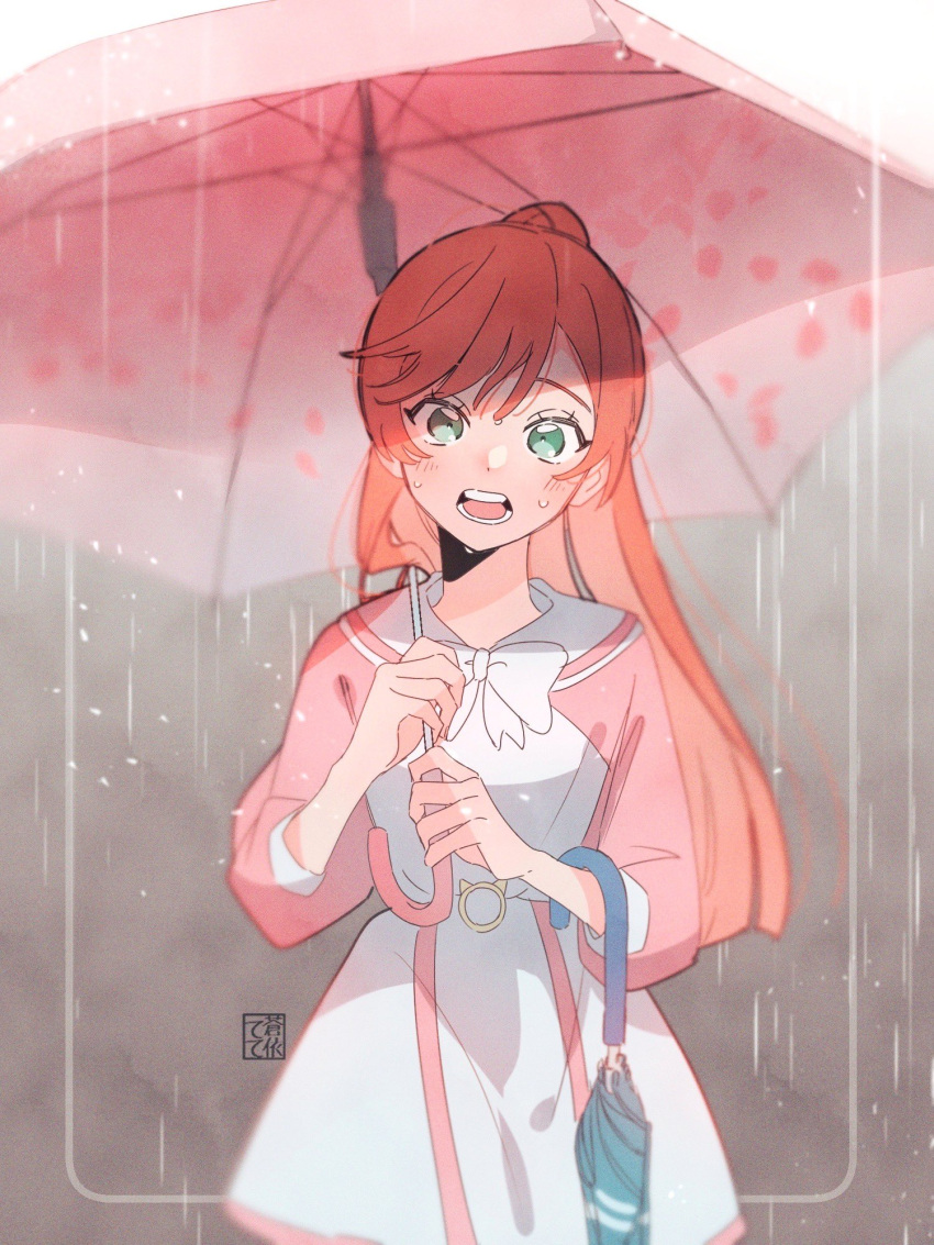 1girl artist_name bow bowtie commentary cowboy_shot dress frown green_eyes hair_bun highres hirogaru_sky!_precure holding holding_umbrella long_hair looking_at_viewer nijigaoka_mashiro open_mouth outdoors pink_hair pink_umbrella precure raglan_sleeves rain signature single_hair_bun solo standing tete_a umbrella wet white_bow white_bowtie white_dress