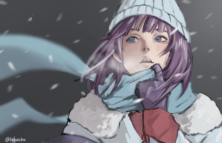 1girl adjusting_scarf beanie blue_eyes blue_headwear blue_jacket blue_scarf blurry blurry_background blurry_foreground blush depth_of_field eyelashes fur-trimmed_jacket fur_trim gloves hat highres jacket kkheicho koimonogatari long_sleeves looking_to_the_side medium_hair monogatari_(series) official_alternate_costume open_mouth purple_gloves purple_hair scarf senjougahara_hitagi snowing solo teeth twitter_username upper_body upper_teeth_only winter_clothes