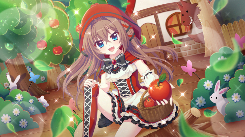 1girl apple behind_tree big_bad_wolf black_bow black_bowtie black_ribbon blue_butterfly blue_eyes bow bowtie breasts brick brown_hair bug bush butterfly corset cosplay daisy dutch_angle evil_grin evil_smile falling_leaves fang fence film_grain flower food frilled_skirt frills fruit game_cg green_ribbon grin hair_ribbon hand_on_own_knee hiding holding holding_food holding_fruit house incoming_food izumi_tsubasu lace_trim leaf lens_flare little_red_riding_hood little_red_riding_hood_(grimm) little_red_riding_hood_(grimm)_(cosplay) long_hair looking_at_viewer medium_breasts non-web_source official_art open_mouth pink_butterfly rabbit re:stage! red_hood ribbon shikimiya_aone sitting sitting_on_tree_stump skirt smile solo sparkle stage tail thighhighs tree wicker_basket window wolf wooden_door wooden_fence wooden_floor zettai_ryouiki