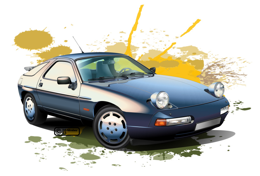 2023 artist_name blue_car car commentary_request headlight highres left-hand_drive motor_vehicle nimbus_goldbrum no_humans original porsche porsche_928 realistic rear-view_mirror shadow steering_wheel vehicle_focus