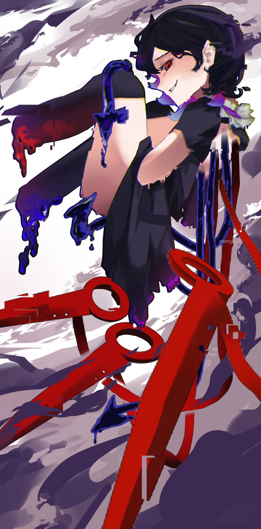 1girl absurdres asymmetrical_wings backless_dress backless_outfit black_dress black_hair black_thighhighs blue_wings cloud commentary_request dauchimk_1 dress full_body glitch grin highres houjuu_nue looking_at_viewer looking_to_the_side medium_bangs melting pixelated pointy_ears profile red_eyes red_wings short_hair short_sleeves smile solo thighhighs touhou wings