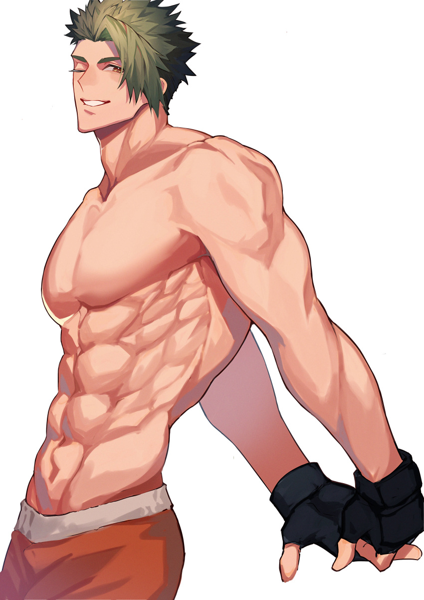 1boy abs absurdres achilles_(fate) adam's_apple arms_behind_back bara black_gloves boxers brown_eyes fate/apocrypha fate_(series) fingerless_gloves from_side gloves grin haruakira highres large_pectorals looking_at_viewer male_focus male_underwear muscular muscular_male navel one_eye_closed orange_male_underwear pectorals short_hair simple_background smile undercut underwear white_background
