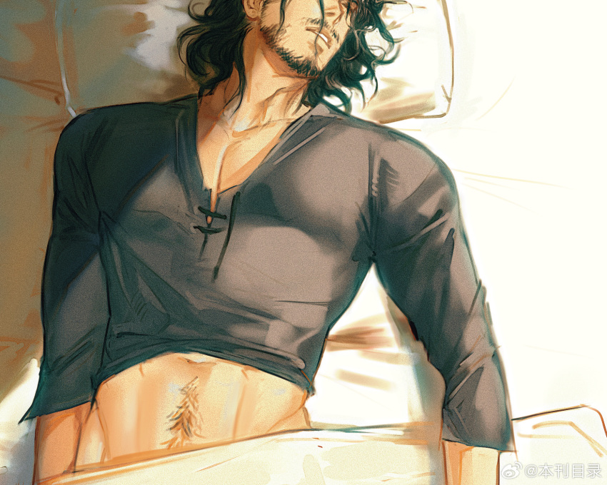 1boy adam's_apple bara beard_stubble clothes_lift from_above head_out_of_frame highres long_hair male_focus mature_male medium_hair midriff_peek mustache_stubble navel_hair on_bed pectoral_cleavage pectorals shirt_lift sleeping snake_(vinland_saga) solo sunlight thick_eyebrows toned toned_male vinland_saga zuoshan123