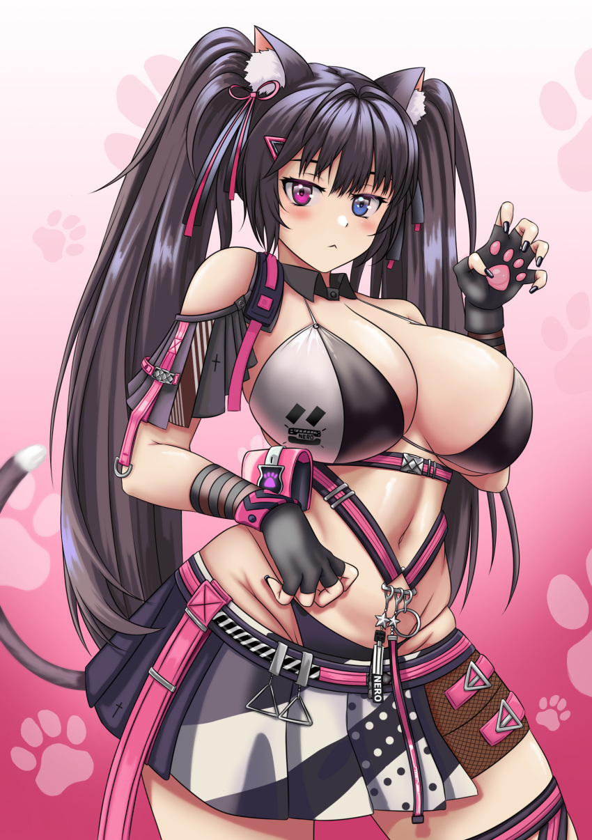 1girl :&lt; absurdres animal_ear_fluff animal_ears bare_shoulders bikini black_bikini black_gloves black_nails black_skirt blue_eyes blush breasts brown_hair cat_ears cat_girl chest_harness cleavage closed_mouth clothing_cutout detached_collar ear_ribbon elbow_gloves english_commentary fingerless_gloves gloves goddess_of_victory:_nikke gradient_background groin hair_ornament hairclip hand_up harness heterochromia highres large_breasts long_hair looking_at_viewer navel nero_(nikke) paw_pose paw_print paw_print_background pink_background pink_eyes pleated_skirt pouch ramiki_(ramesgoag) ribbon shoulder_cutout sidelocks skindentation skirt solo standing stomach string_bikini swimsuit twintails two-tone_bikini two-tone_skirt white_bikini white_skirt wristband