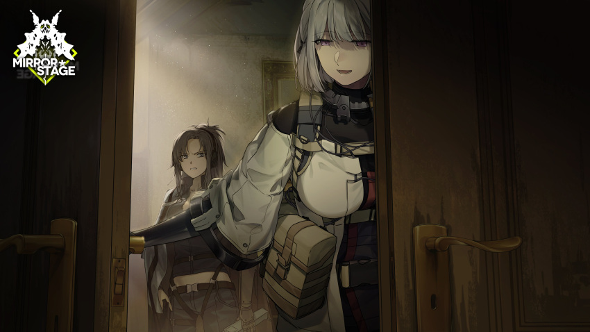 2girls absurdres angelia_(girls'_frontline) artist_request betrayal blue_eyes blue_hair breasts clenched_teeth collar commentary cowboy_shot dark_blue_hair door_handle english_commentary evil_eyes girls'_frontline gun handgun headset highres holding_walkie-talkie holstered indoors jacket large_breasts light_particles light_rays logo multiple_girls official_art open_mouth picture_(object) ponytail pouch prosthesis prosthetic_arm purple_eyes reaching rpk-16_(girls'_frontline) short_hair snap-fit_buckle spoilers tactical_clothes teeth v-shaped_eyebrows walkie-talkie weapon white_hair white_jacket wire wooden_door