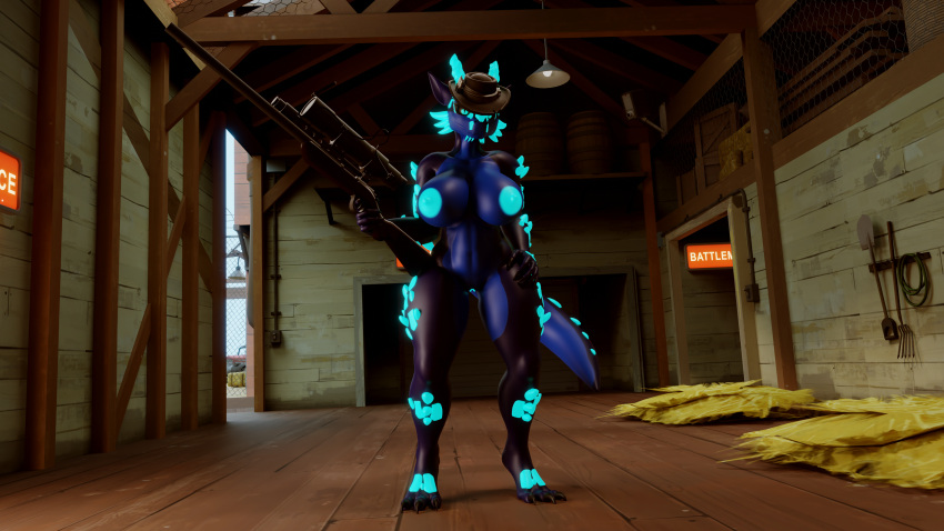 2fort 3d_(artwork) absurd_res anthro blender_(software) blue_body breasts claws digital_media_(artwork) dragon female genitals glowing glowing_eyes glowing_genitalia glowing_horn glowing_markings glowing_nipples gun headgear hi_res horn huge_filesize markings niko_stargazer nikostargazer nipples nude ranged_weapon rifle sniper_rifle solo team_fortress_2 valve weapon