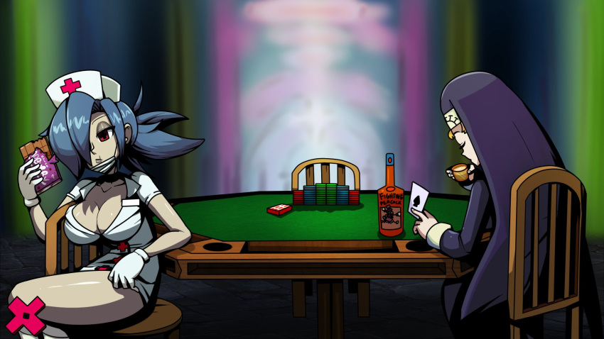 2girls blue_hair blurry blurry_background bottle breasts chair chocolate cross double_(skullgirls) eating food hat high_ponytail highres holding holding_chocolate holding_food multiple_girls nun nurse_cap poker poker_table red_cross red_eyes sitting skullgirls table valentine_(skullgirls) wine_bottle zerotosix06