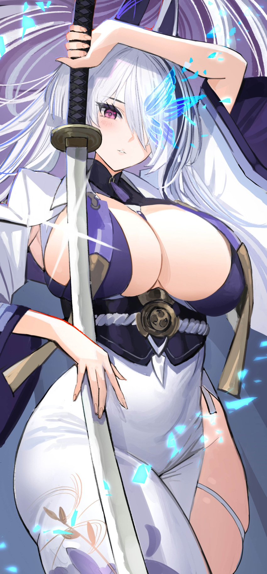 1girl absurdres azur_lane blush breasts bug butterfly butterfly_over_eye dress floral_print hair_over_one_eye hand_up highres holding holding_sword holding_weapon japanese_clothes kaki_z3 large_breasts lips long_hair long_sleeves looking_at_viewer multicolored_hair parted_lips purple_eyes purple_hair revision side_slit solo streaked_hair sword tight_clothes tight_dress unzen_(azur_lane) very_long_hair weapon white_dress white_hair wide_sleeves