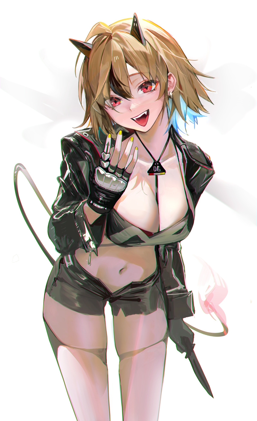 1girl :d absurdres black_gloves black_hair black_horns black_jacket black_shorts breasts brown_hair cleavage clip_studio_paint_(medium) earrings fangs fingerless_gloves gloves highres holding holding_knife horns jacket jewelry knife large_breasts long_sleeves looking_at_viewer midriff moko_(moko/moko) multicolored_hair navel open_fly original red_eyes short_hair shorts smile solo standing streaked_hair teeth thighs upper_teeth_only white_background