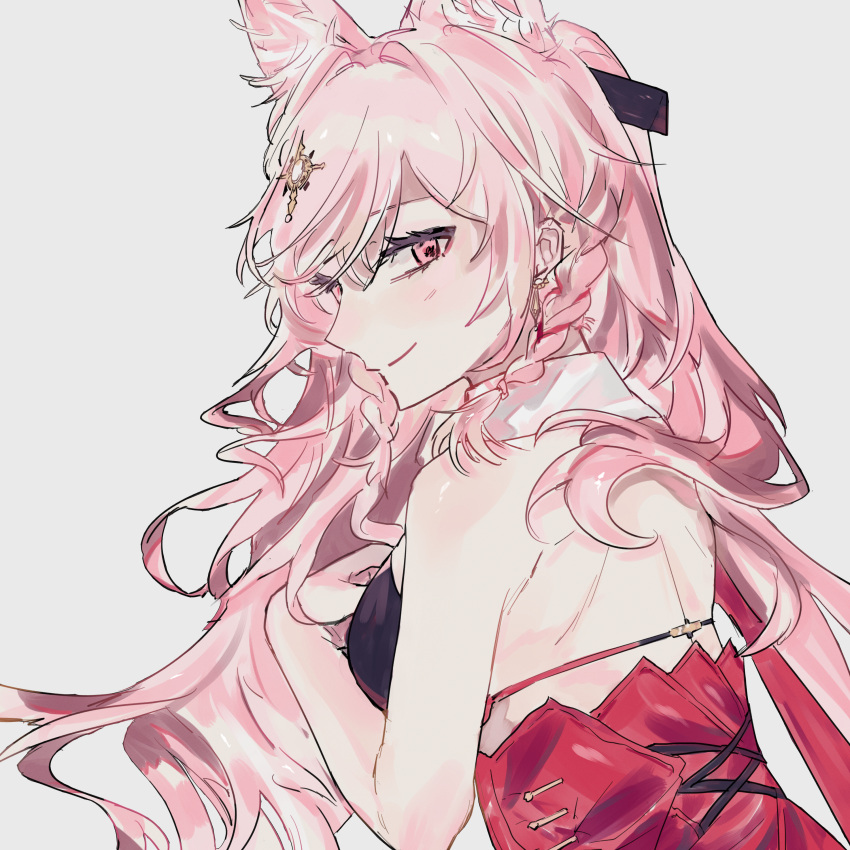 1girl absurdres animal_ears arknights backless_dress backless_outfit bare_arms bare_back bare_shoulders braid commentary dress grey_background hair_ornament highres long_hair looking_at_viewer nb_(enbisang) pink_eyes pink_hair pozyomka_(arknights) red_dress simple_background smile solo upper_body very_long_hair wolf_ears