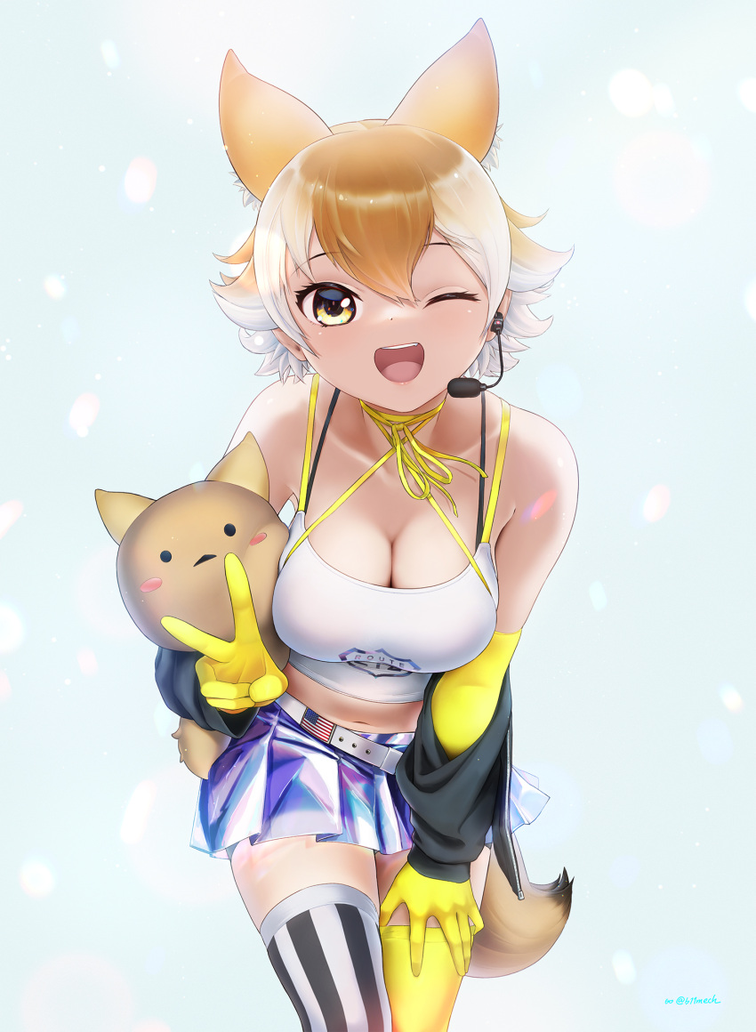 1girl animal_ears bare_shoulders beleven black_jacket black_thighhighs breasts cleavage cowboy_shot coyopotato coyote_(kemono_friends) crop_top elbow_gloves gloves hair_between_eyes highres jacket kemono_friends kemono_friends_v_project light_brown_hair looking_at_viewer microphone midriff multicolored_hair navel one_eye_closed open_mouth pleated_skirt shiny_skirt shirt short_hair sidelocks skirt smile solo spaghetti_strap striped striped_thighhighs tail thighhighs two-tone_hair two-tone_thighhighs vertical-striped_thighhighs vertical_stripes white_hair white_shirt white_thighhighs wolf_ears wolf_girl wolf_tail yellow_eyes yellow_gloves yellow_thighhighs