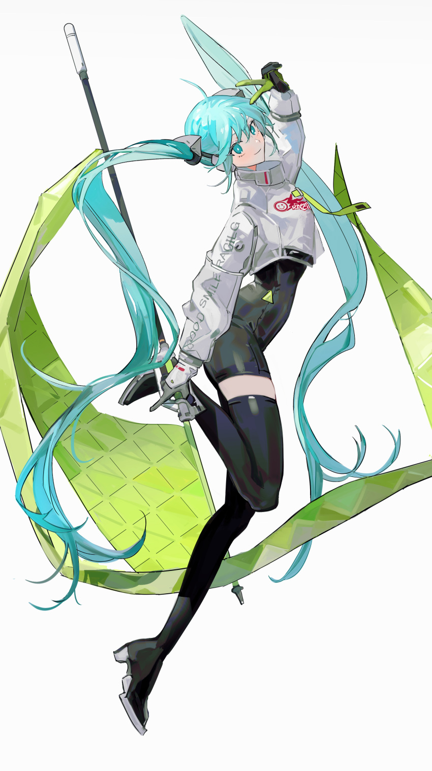 1girl absurdres ahoge aqua_eyes aqua_hair arm_up asymmetrical_bodysuit black_bodysuit black_gloves bodysuit boots closed_mouth commentary_request cropped_jacket flag full_body gloves green_flag green_gloves hatsune_miku highres holding holding_flag jacket jumping kitou_saji long_hair long_sleeves looking_at_viewer race_queen racing_miku racing_miku_(2022) simple_background single_thigh_boot single_thighhigh smile solo thigh_boots thighhighs twintails two-tone_gloves v very_long_hair vocaloid white_background white_jacket