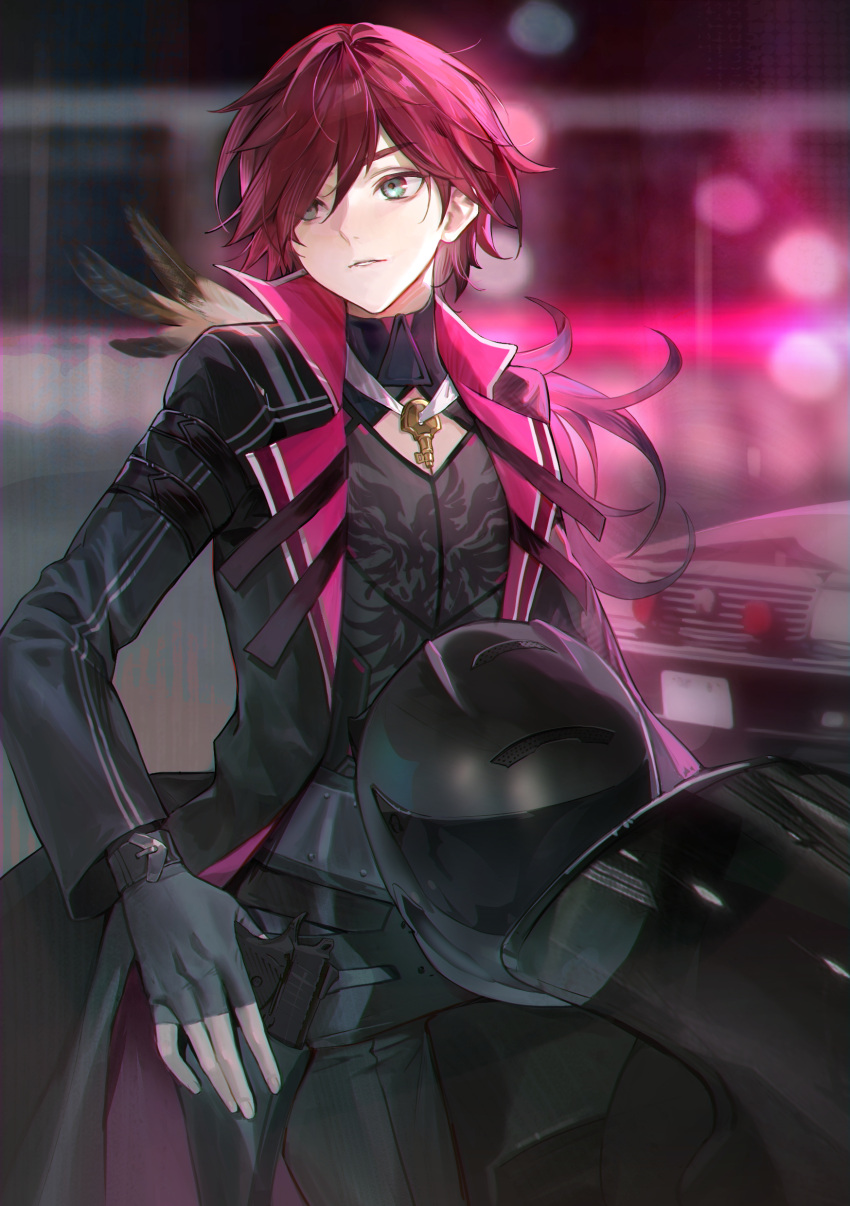 1boy absurdres black_pants blue_eyes car fingerless_gloves front_ponytail gloves grey_gloves helmet highres lauren_iroas lauren_iroas_(1st_costume) long_hair male_focus moko_(moko/moko) motor_vehicle motorcycle motorcycle_helmet nijisanji pants red_hair solo virtual_youtuber