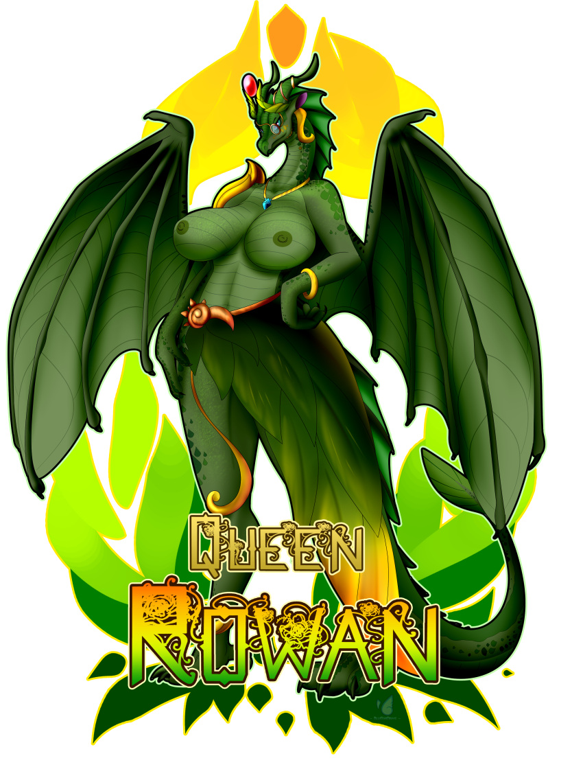 absurd_res anthro big_breasts bludraconoid bottomwear bracelet breasts clothed clothing crown dragon eyewear female glasses hand_on_hip headgear hi_res huge_breasts jewelry leaf_wings leafwing_(wof) navel necklace nipples non-mammal_breasts non-mammal_nipples nude partially_clothed pinup plant_clothing pose queen queen_rowan royalty skirt smile solo tasteful_nudity topless tribal tribal_clothing tribal_jewelry tribal_necklace tribal_outfit wings wings_of_fire