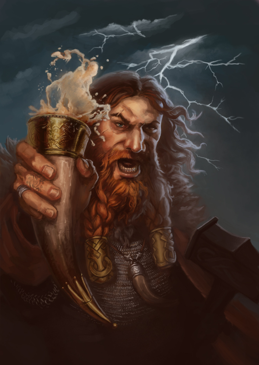 1boy beard blue_eyes braid braided_beard commentary cup drinking_horn english_commentary facial_hair grey_sky highres holding holding_cup jewelry lightning long_beard looking_at_viewer lower_teeth_only medium_hair necklace open_mouth orange_hair original outdoors ring sarmati sky solo teeth tooth_necklace upper_body viking