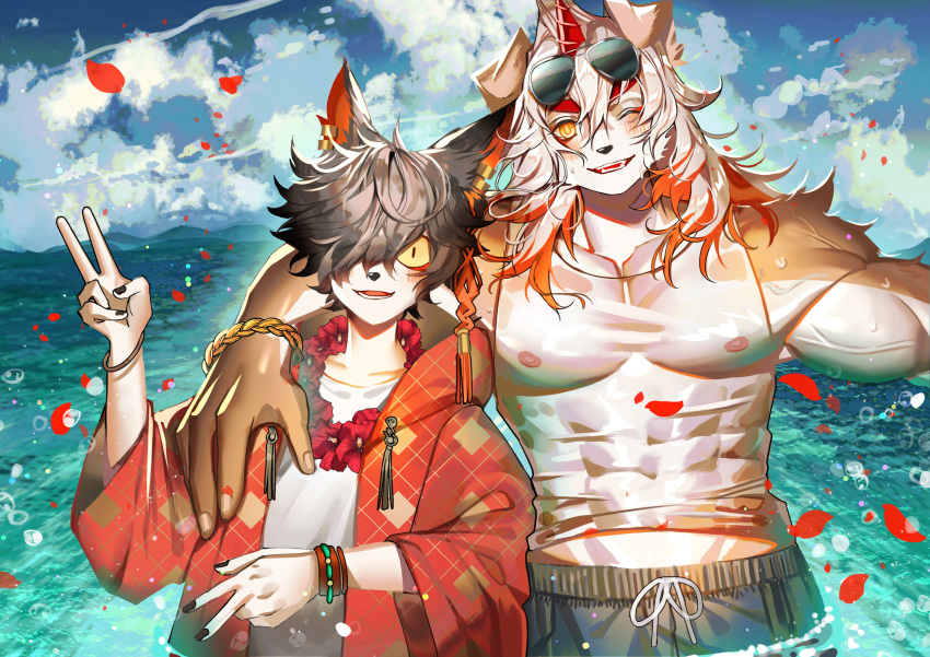 2023 aak_(arknights) absurd_res anthro arknights black_hair canid canine canis domestic_cat domestic_dog duo eyewear felid feline felis glasses hair hi_res horn hung_(arknights) hypergryph insomnia_elliot long_hair looking_at_viewer male mammal muscular muscular_anthro muscular_male one_eye_closed orange_hair sea sky studio_montagne water white_hair