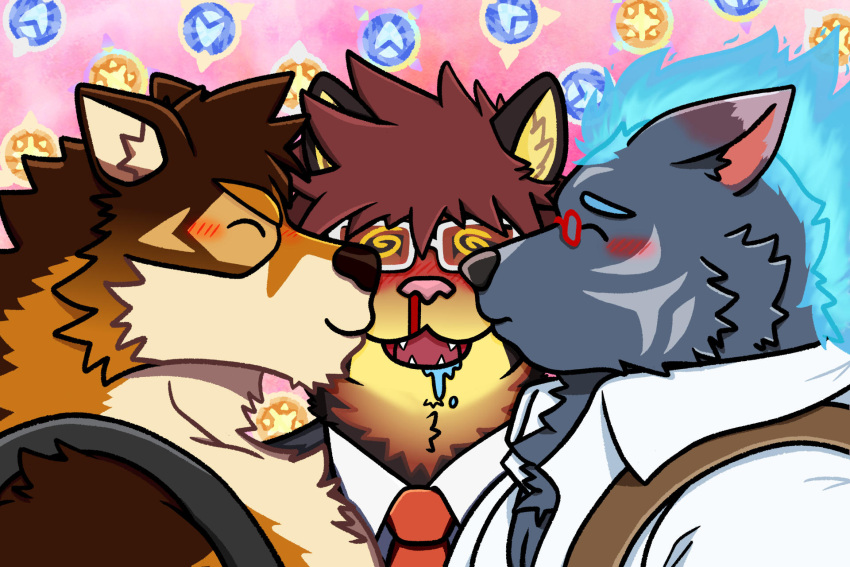 anthro barrel_(live_a_hero) blood blue_body blue_fire blue_fur blush bodily_fluids brown_body brown_fur canid canine canis colored_fire eyewear felid fire flaming_hair flaming_mane fur furlong_(live_a_hero) glasses group hi_res hyena kissing lifewonders lion live_a_hero male male/male mammal necktie nosebleed pantherine pseudo_hair pseudo_mane toronoekaki trio wolf