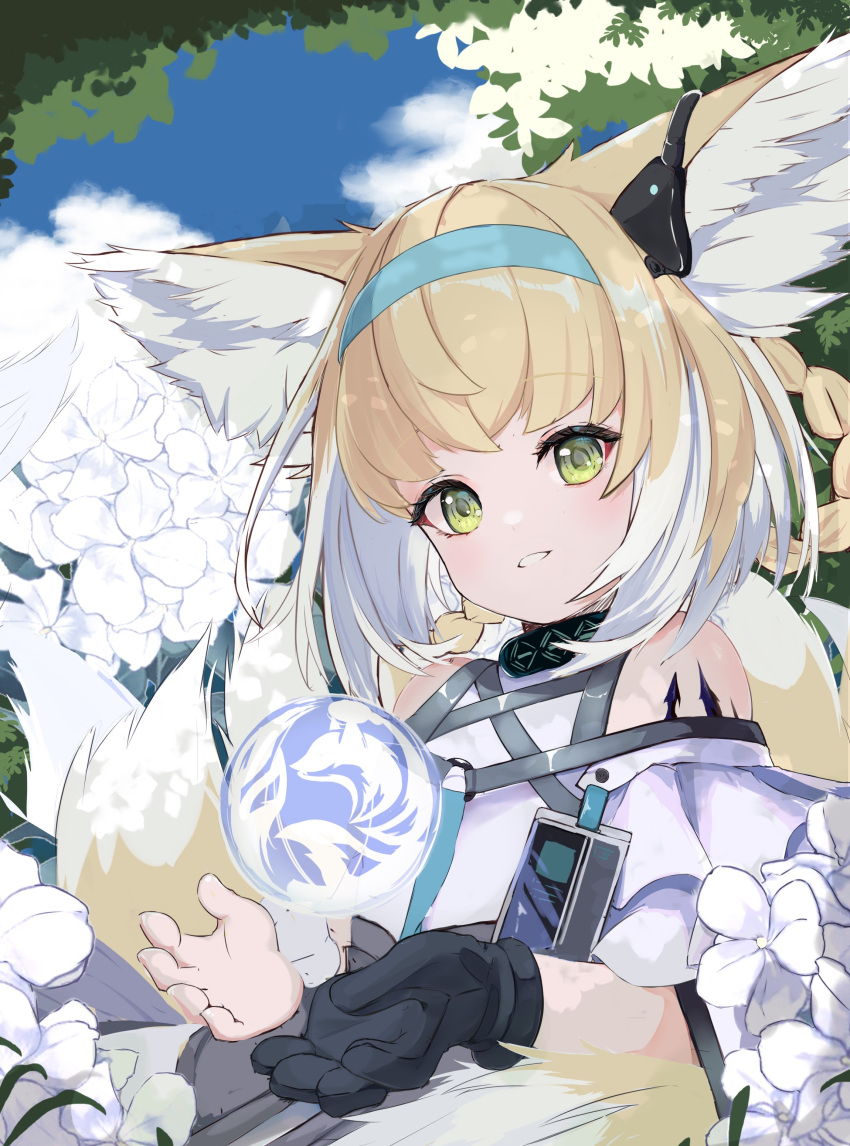 1girl absurdres animal_ears arknights bare_shoulders black_gloves blue_sky braid cloud commentary_request day flower fox_ears fox_girl fox_tail gloves green_eyes hair_rings highres light_brown_hair looking_at_viewer multicolored_hair orb shirt sky smile solo suzuran_(arknights) tail twin_braids two-tone_hair white_flower white_hair white_shirt xinjinjumin328073338111