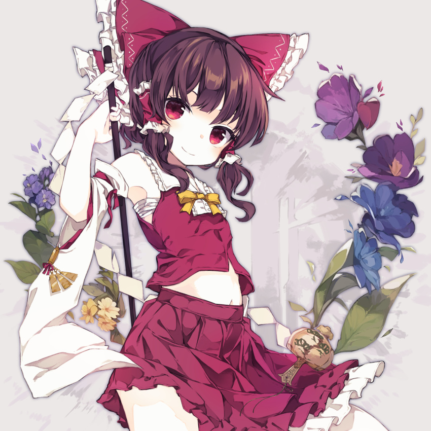 1girl absurdres ascot bare_shoulders black_hair blue_flower bow cowboy_shot detached_sleeves flower hair_bow hair_tubes hakurei_reimu highres japanese_clothes medium_hair miracle_mallet navel nontraditional_miko pleated_skirt purple_flower red_bow red_eyes red_skirt ribbon-trimmed_sleeves ribbon_trim sato_imo sidelocks skirt solo touhou wide_sleeves yellow_ascot yellow_flower