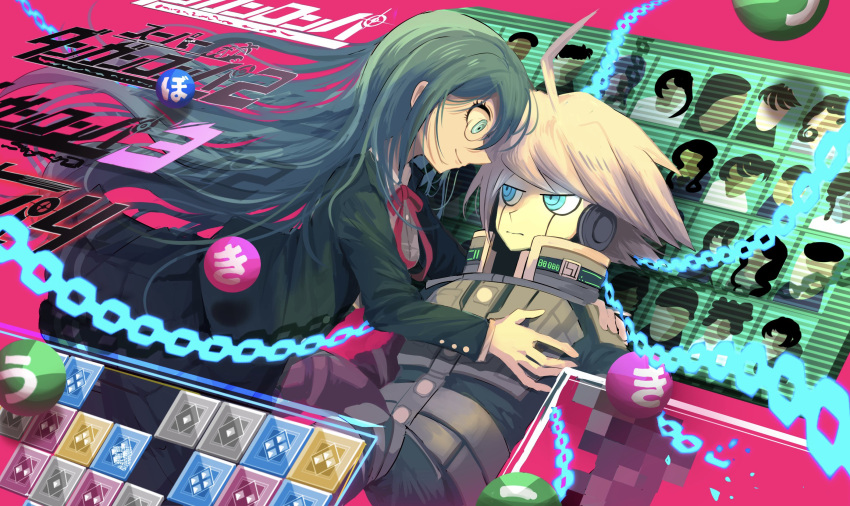 1boy 1girl ahoge ball black_jacket black_skirt closed_mouth danganronpa_(series) danganronpa_v3:_killing_harmony eye_contact frown glasses green_eyes green_hair grey_hair grey_shirt highres hiyashi_men jacket k1-b0 long_hair looking_at_another neck_ribbon open_clothes open_jacket pink_ribbon pleated_skirt power_armor ribbon shirogane_tsumugi shirt short_hair skirt smile