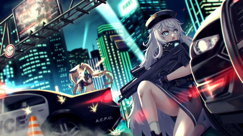 2girls ammunition_belt armband belt black_gloves black_headwear black_shirt black_skirt black_thighhighs blue_eyes blush breasts building car city cloud cloudy_sky crop_top cropped_shirt dm_(nguyen_dm95) gloves goddess_of_victory:_nikke gun hat highres holding holding_weapon light_brown_hair long_hair military military_hat military_uniform miniskirt miranda_(nikke) motor_vehicle multiple_girls navel night night_sky open_mouth outdoors parted_lips peaked_cap pencil_skirt pleated_skirt poli_(nikke) police police_car police_uniform red_eyes ribs shirt short_sleeves shotgun skirt sky stomach suspender_skirt suspenders tactical_clothes thick_eyebrows thighhighs thighs twintails uniform utility_belt very_long_hair wavy_hair weapon white_hair