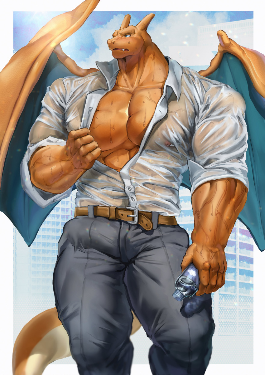 abs absurd_res anthro balls_outline blue_eyes bodily_fluids bulge charizard clothing detailed_bulge dragon generation_1_pokemon genital_outline hi_res male membrane_(anatomy) membranous_wings muscular muscular_anthro muscular_male nintendo nipples orange_body orange_scales pecs penis_outline pokemon pokemon_(species) scales scalie solo sweat tail topwear translucent translucent_clothing wet wet_clothing wet_topwear wings yukihoshiak