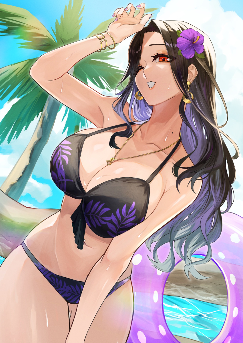 1girl bare_shoulders bikini black_bikini black_hair breasts cleavage day earrings front-tie_top gradient_hair grey_hair highres jewelry large_breasts long_hair mole mole_on_neck multicolored_hair navel nekotokage nijisanji oasis open_mouth orange_eyes shirayuki_tomoe smile solo swimsuit virtual_youtuber