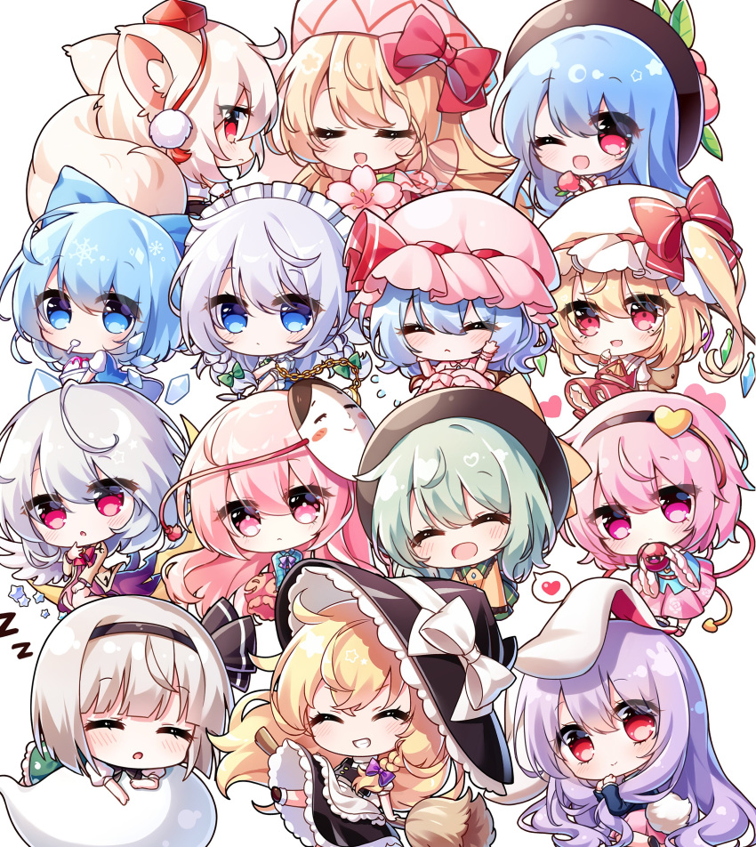 ... 6+girls absurdres ahoge animal_ear_fluff animal_ears apron aqua_shirt artist_name ascot autumn_leaves back barefoot bat_wings bear_ears black_bow black_bowtie black_dress black_hairband black_headwear black_jacket black_skirt blonde_hair bloomers blouse blue_bow blue_dress blue_eyes blue_footwear blue_hair blue_shirt blush bob_cut bow bowtie braid broom brown_footwear bubble_skirt bucket buttons charisma_break chibi chopsticks cirno closed_eyes closed_mouth collared_shirt crescent_moon crystal dark_skin detached_sleeves dress eyeball eyelashes eyes_visible_through_hair fairy fang feathered_wings flandre_scarlet floral_print flying flying_sweatdrops food frilled_shirt_collar frilled_sleeves frills from_behind full_body geta green_bow green_hair green_skirt grey_hair hair_between_eyes hair_bow hair_ornament hairband hand_up hanging happy hat hat_bow hat_ribbon hata_no_kokoro heart heart_button heart_hair_ornament heart_of_string highres hinanawi_tenshi hitodama hitodama_print holding holding_chopsticks holding_knife ice ice_cream ice_wings inubashiri_momiji izayoi_sakuya jacket jewelry kirisame_marisa kishin_sagume knife komeiji_koishi komeiji_satori konpaku_youmu konpaku_youmu_(ghost) leaf leaf_print leg_up lily_white long_hair long_sleeves looking_at_viewer looking_back looking_to_the_side maid maid_headdress mask mask_on_head medium_hair mob_cap moon multicolored_wings multiple_girls one_side_up open_clothes open_jacket open_mouth orange_skirt parted_lips pink_dress pink_eyes pink_hair pink_headwear pink_skirt pleated_skirt pocket_watch pom_pom_(clothes) pudding_(skymint_028) puffy_short_sleeves puffy_sleeves purple_dress purple_hair rabbit_ears rabbit_girl rabbit_tail red_bow red_eyes red_footwear red_headwear red_skirt red_vest reisen_udongein_inaba remilia_scarlet ribbon rose_print shirt shoes short_hair short_sleeves side_braid side_braids sidelocks signature simple_background single_braid single_wing sitting skirt sleeping smile snowflakes speech_bubble spoon standing standing_on_one_leg star_(symbol) stuffed_animal stuffed_toy tail teddy_bear tengu-geta third_eye tokin_hat tongue touhou toy twin_braids underwear very_long_hair vest waist_apron watch wavy_hair white_apron white_background white_bow white_hair white_headwear white_shirt white_wings wide_sleeves wings witch_hat wolf_ears wolf_tail wrist_cuffs yellow_ascot yellow_ribbon yellow_shirt zzz