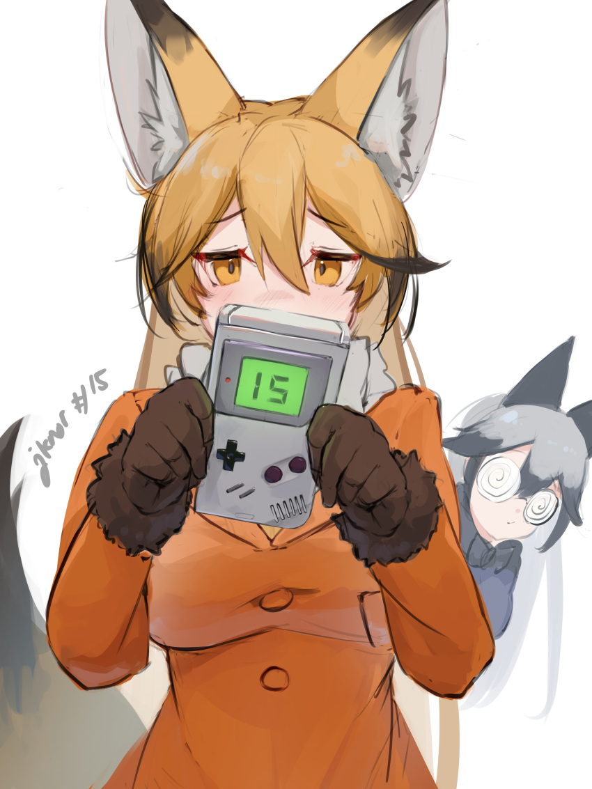 2girls absurdres animal_ears blue_jacket blush bow bowtie brown_fur brown_gloves brown_hair coke-bottle_glasses ezo_red_fox_(kemono_friends) fox_ears fox_girl fox_tail fur_trim game_boy glasses gloves grey_hair hair_between_eyes handheld_game_console highres holding holding_handheld_game_console jacket kemono_friends long_hair long_sleeves multicolored_hair multiple_girls noor7 orange_eyes orange_hair orange_jacket silver_fox_(kemono_friends) tail