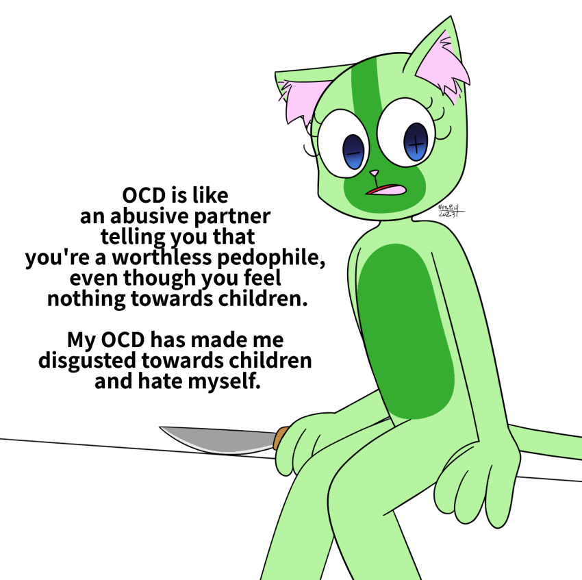 2023 anthro artist_name blue_eyes dialogue domestic_cat english_text eyelashes felid feline felis female fur green_body green_fur hi_res holding_knife holding_object knife looking_at_viewer mammal mental_illness negaposi negaposi_(character) nude ocd open_mouth pink_inner_ear pupils simple_background sitting solo symbol-shaped_pupils talking_to_viewer text toony unusual_pupils white_background