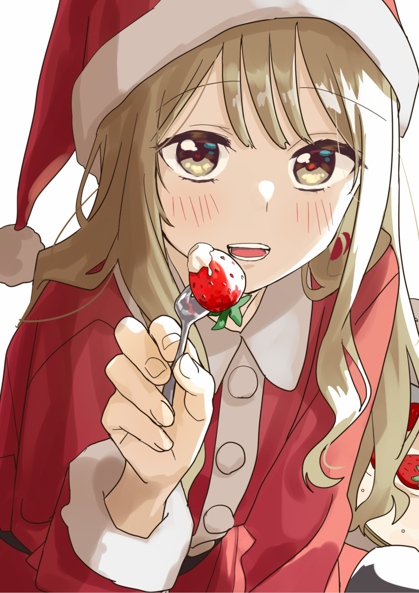 1boy absurdres androgynous birthday_cake blonde_hair cake food fork fruit fur-trimmed_headwear hanaoka_makoto hat highres holding holding_fork long_hair looking_at_viewer male_focus otoko_no_ko pomu red_headwear santa_costume santa_hat senpai_wa_otokonoko strawberry whipped_cream yellow_eyes