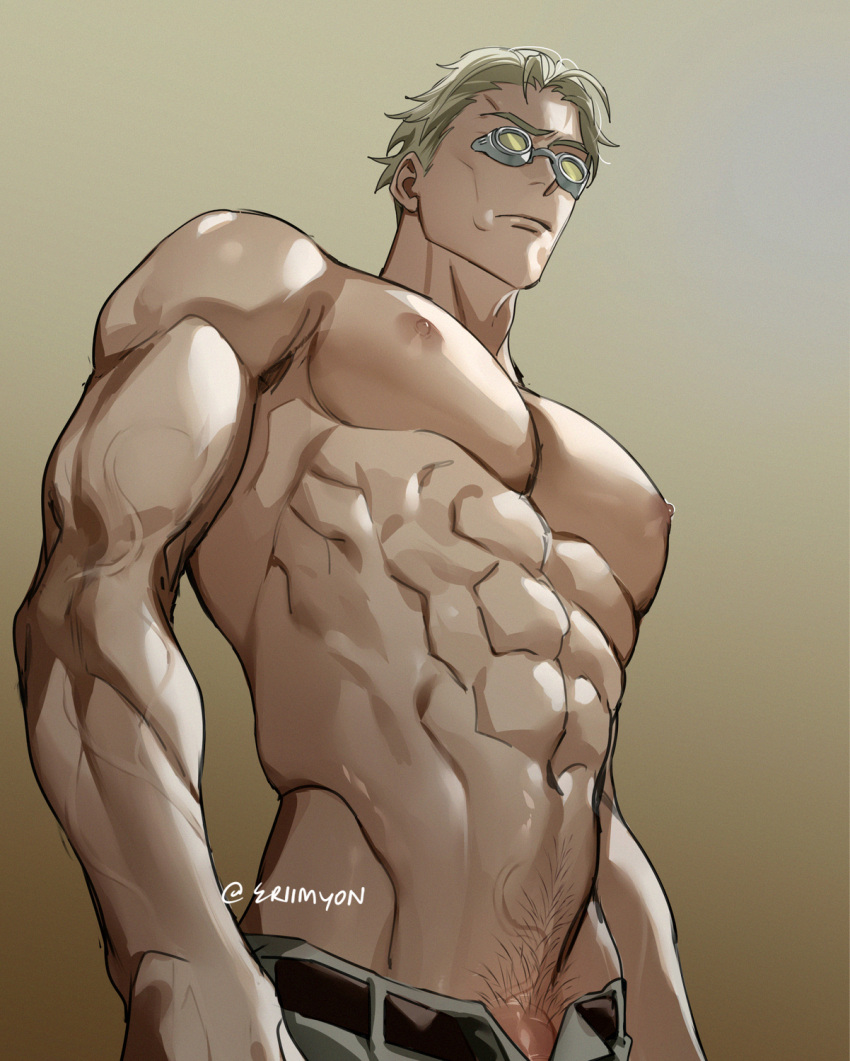 1boy abs blonde_hair eriimyon expressionless goggles grey_background highres jujutsu_kaisen male_focus muscular muscular_male nanami_kento pectorals penis penis_peek short_hair solo standing topless_male upper_body