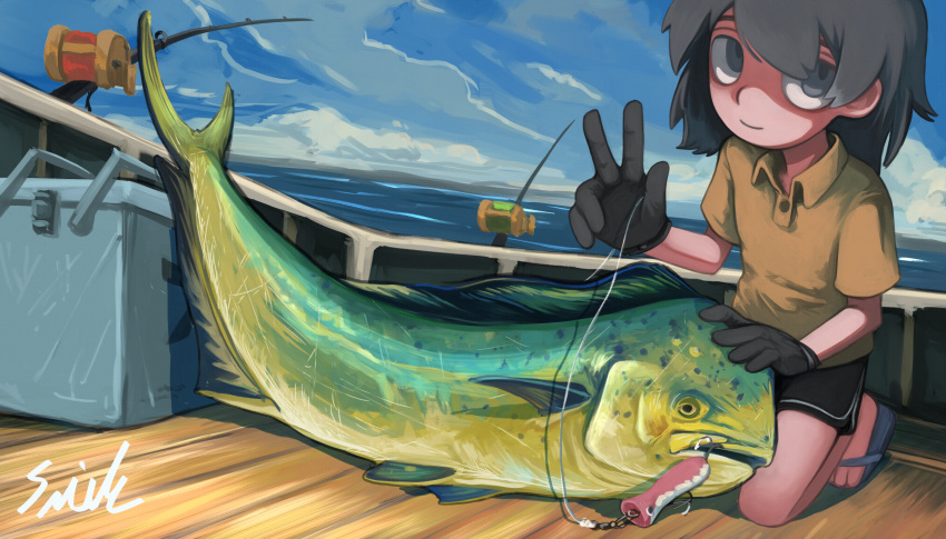 1girl absurdres black_eyes black_gloves black_hair black_shorts blue_sky boat cloud cloudy_sky commentary_request cooler dolphin_shorts fish fishing_hook fishing_rod flip-flops gloves hand_on_animal hand_up highres holding kneeling lalah_7th long_hair looking_at_viewer mahi-mahi original outdoors polo_shirt sandals shirt shorts signature sky solo upturned_eyes w watercraft yellow_shirt