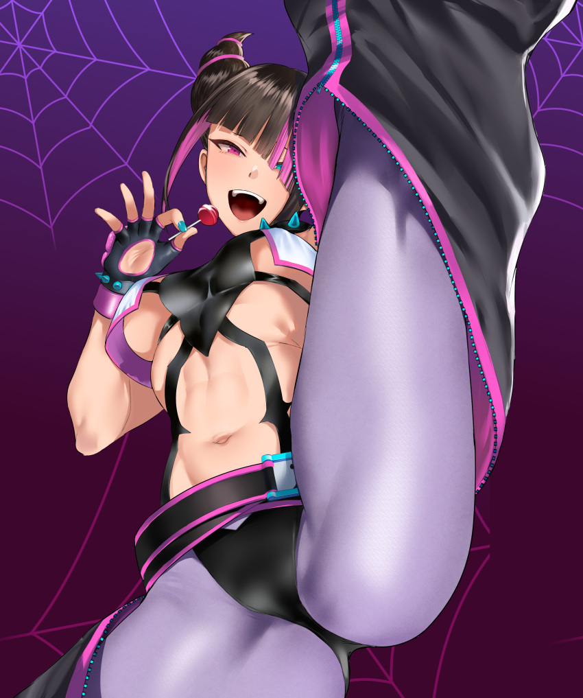 1girl absurdres aqua_eyes aqua_nails asymmetrical_bangs asymmetrical_hair baggy_pants belt black_hair breasts candy chest_harness diagonal_bangs eye_(mememem) fingerless_gloves fingernails flexible food gloves hair_horns hair_over_one_eye half-closed_eyes han_juri hand_up harness heterochromia highres holding holding_candy holding_food holding_lollipop leg_lift leggings linea_alba lollipop long_bangs looking_at_viewer medium_breasts medium_hair multicolored_hair nail_polish navel open_mouth panties panties_over_leggings pants partially_unzipped pink_eyes pink_hair smile solo spikes spread_fingers spread_legs stomach street_fighter street_fighter_6 toned two-tone_hair underwear zipper zipper_pull_tab