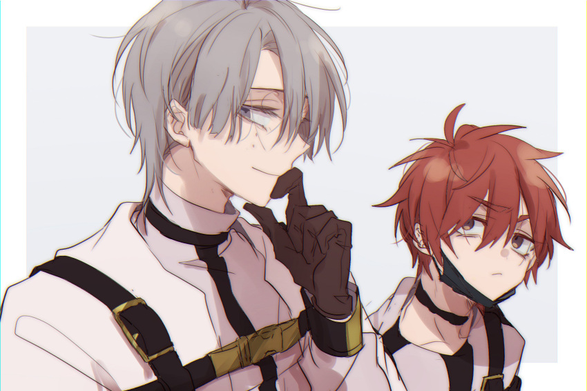 2boys black_choker border brown_eyes brown_gloves choker closed_mouth facing_to_the_side gloves grey_background grey_eyes grey_hair highres jacket kajiyama_fuuta kao_ru05 kirisaki_shidou looking_at_viewer male_focus milgram mole mole_under_eye multiple_boys red_hair short_hair smile straitjacket white_border white_jacket