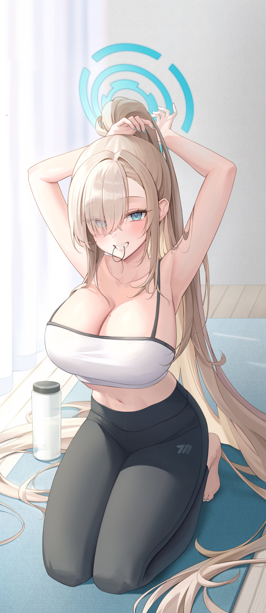 1girl absurdly_long_hair absurdres adjusting_hair alternate_costume armpits arms_up asuna_(blue_archive) bare_arms bare_shoulders barefoot black_pants blue_archive blue_eyes blue_halo blue_nails blush bottle breasts camisole cleavage commentary crop_top curtains eyes_visible_through_hair full_body grin hair_between_eyes hair_tie_in_mouth halo highres kneeling large_breasts leggings light_brown_hair long_hair looking_at_viewer midriff miho_(mymiho) mole mole_on_breast mouth_hold nail_polish navel pants ponytail smile solo spaghetti_strap sportswear stomach tight_clothes tight_pants toenail_polish toenails tying_hair very_long_hair water_bottle white_camisole wooden_floor yoga_mat yoga_pants