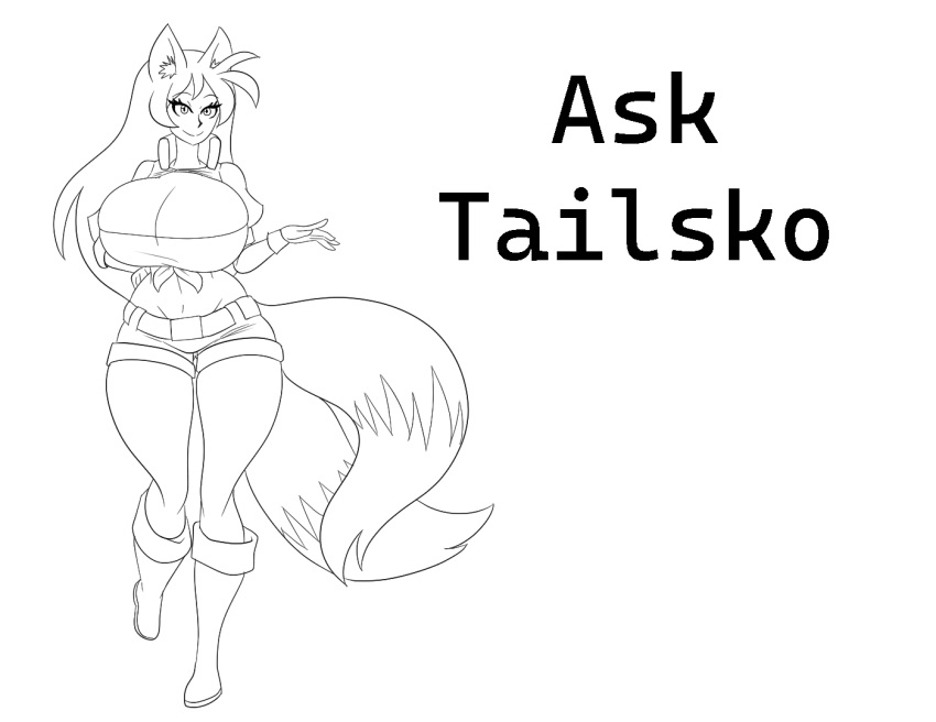 2023 2_tails animal_humanoid anthro big_breasts boots bottomwear bracelet breasts canid canid_humanoid canine canine_humanoid cleavage clothed clothing crop_top crossgender curvaceous curvy_female curvy_figure digital_drawing_(artwork) digital_media_(artwork) english_text female footwear fox fox_humanoid fox_tail fur gigajule5_(artist) hair hotpants hourglass_figure human humanoid jewelry long_hair mammal mammal_humanoid midriff miles_prower monochrome multi_tail questions_and_answers sega shirt shorts simple_background smile solo sonic_the_hedgehog_(series) tail text thick_thighs tied_shirt topwear voluptuous wide_hips