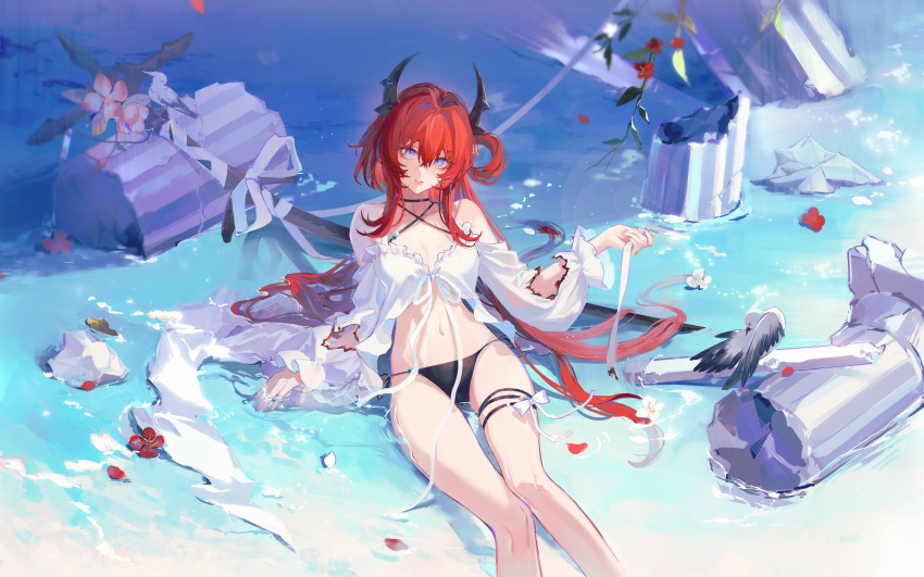 1girl arknights bikini bird black_bikini blush breasts broken_pillar burnt_clothes cleavage demon_horns detached_sleeves feet_out_of_frame fingernails flower hair_between_eyes hair_ornament hair_rings hand_up highres horns in_water leaf lips long_hair looking_at_viewer nail_polish official_alternate_costume parted_lips petals pink_flower pink_nails purple_eyes red_flower red_hair ribbon sitting small_breasts solo star_(symbol) star_hair_ornament surtr_(arknights) surtr_(colorful_wonderland)_(arknights) swimsuit swimsuit_cover-up sword till-valhalla very_long_hair water weapon white_bird white_ribbon white_sleeves