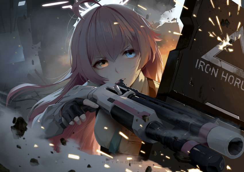 1girl absurdres ahoge beretta_1301 blue_archive blue_eyes fingerless_gloves gloves gun hair_between_eyes halo heterochromia highres holding holding_gun holding_weapon hoshino_(blue_archive) huykho192 long_sleeves looking_at_viewer pink_hair riot_shield rubble shield shotgun weapon yellow_eyes