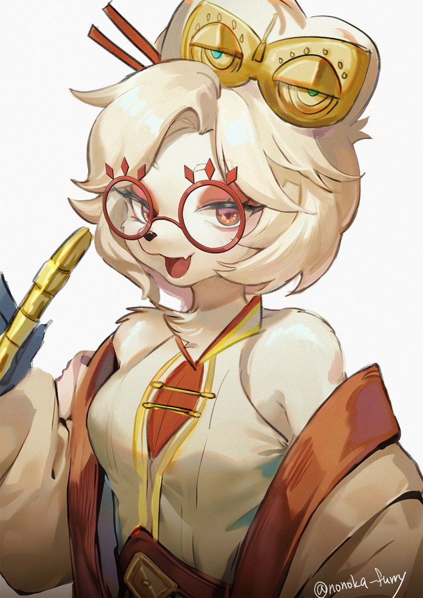 alternate_species anthro canid canine canis clothed clothing domestic_dog eyewear female fully_clothed fur glasses hair hi_res looking_at_viewer mammal nintendo nonoka917 purah red_eyes solo tears_of_the_kingdom the_legend_of_zelda white_body white_fur white_hair