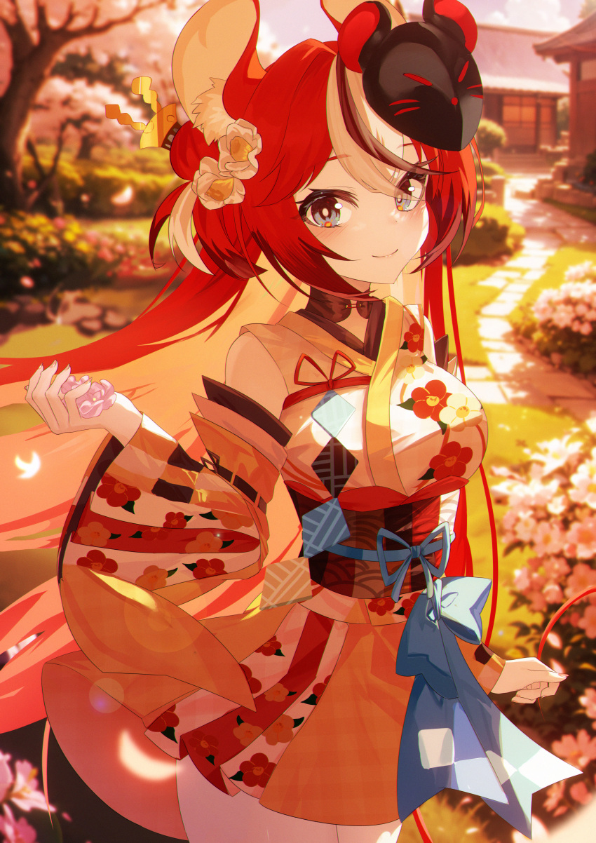 1girl absurdres animal_ear_fluff animal_ears architecture black_hair blue_bow blue_eyes bow breasts cherry_blossoms day detached_sleeves east_asian_architecture falling_petals floral_print flower hair_bun hair_flower hair_ornament hakos_baelz hakos_baelz_(2nd_costume) highres holding holding_flower hololive hololive_english japanese_clothes jiang_ye_kiri kimono large_breasts long_hair looking_at_viewer mask mask_on_head mouse_ears mouse_girl mouse_mask mouse_tail multicolored_clothes multicolored_hair multicolored_kimono multicolored_sleeves obi outdoors petals pink_flower print_kimono red_hair sash smile solo streaked_hair sunlight tail tree virtual_youtuber white_flower white_hair