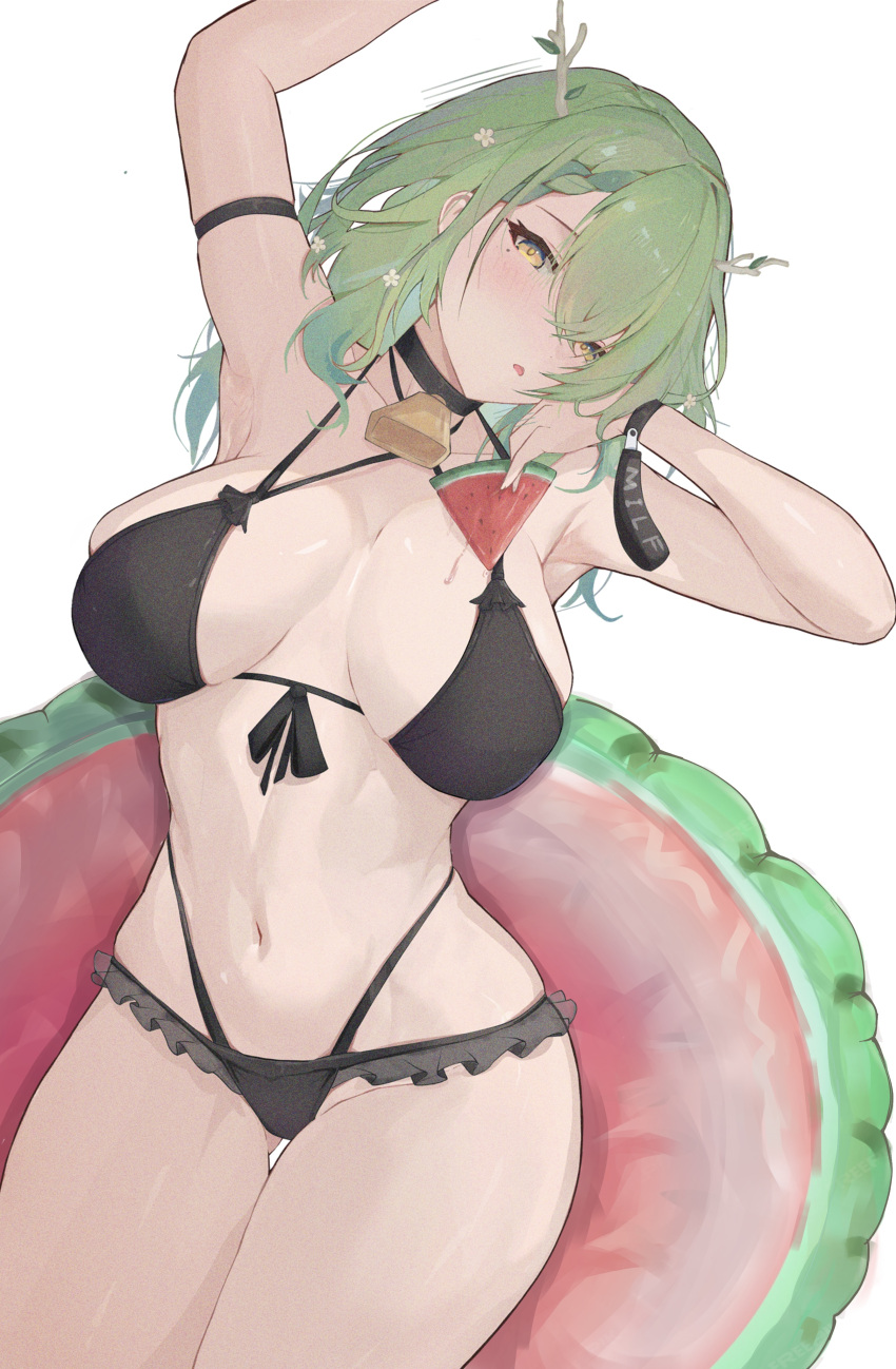 1girl absurdres antlers arm_strap arm_up armpits ass_visible_through_thighs bell bikini black_bikini black_choker breasts breasts_apart ceres_fauna choker chyraliss cowbell food fruit green_hair highres holding holding_food holding_fruit hololive hololive_english innertube large_breasts long_hair mole mole_under_eye navel neck_bell open_mouth solo stomach swimsuit thigh_gap thighs virtual_youtuber watermelon watermelon_slice yellow_eyes