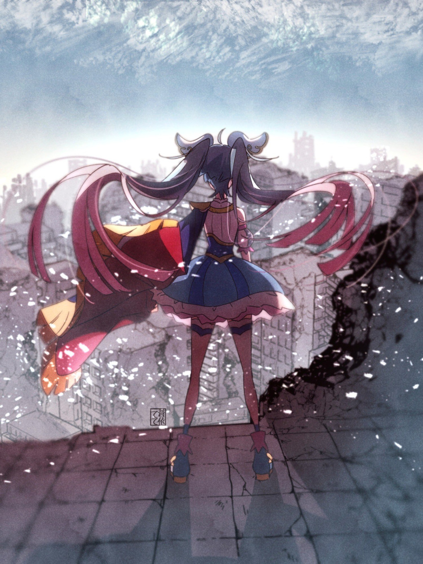 1girl ahoge alternate_universe ankle_boots apocalypse artist_name blue_cape blue_dress blue_footwear blue_hair blue_sky boots cape cloud cloudy_sky commentary cure_sky day detached_sleeves dress facing_away frilled_dress frills fringe_trim from_behind gradient_hair highres hirogaru_sky!_precure light_particles long_hair magical_girl multicolored_hair outdoors pink_hair precure puffy_detached_sleeves puffy_sleeves red_cape ruins shadow short_dress signature sky sleeveless sleeveless_dress solo sora_harewataru standing tete_a thighhighs twintails two-sided_cape two-sided_fabric two-tone_hair very_long_hair white_thighhighs wind wing_hair_ornament
