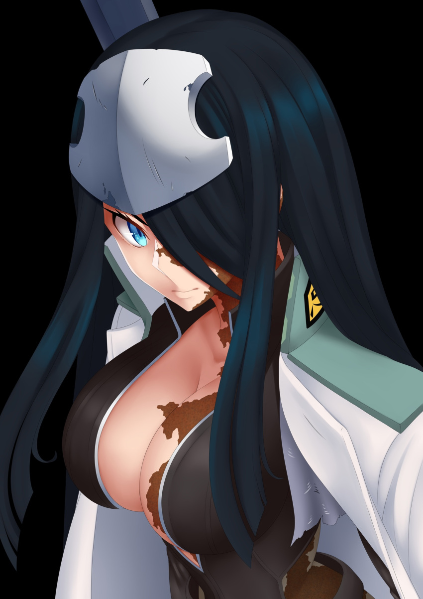 1girl black_bodysuit black_hair blue_eyes bodysuit breasts cleavage cleavage_cutout clothing_cutout collared_jacket hair_over_one_eye headgear hervi_1 highres large_breasts long_hair looking_at_viewer nekoyanagi_paw rust sabikui_bisco sidelocks simple_background solo sword upper_body weapon weapon_on_back white_background