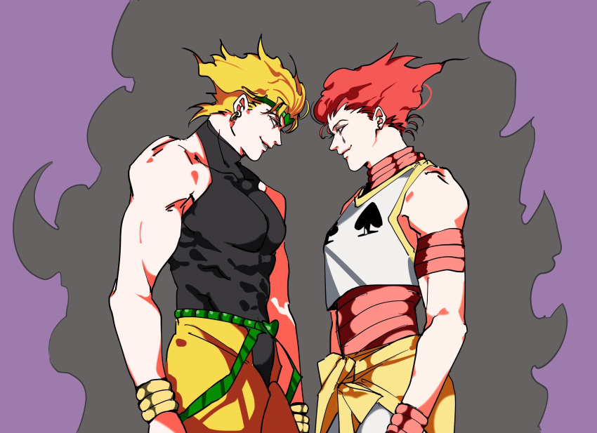 2boys bare_shoulders black_fire blonde_hair bracelet crotchless crotchless_pants dio_brando eye_contact face-to-face fire hair_slicked_back heart_headband highres hisoka_morow hunter_x_hunter jewelry jojo_no_kimyou_na_bouken looking_at_another male_focus multiple_boys muscular muscular_male pants playing_card_theme red_hair shirt sketch sleeveless sleeveless_turtleneck stardust_crusaders teardrop_facial_mark teardrop_tattoo tight tight_shirt trait_connection turtleneck ummi_ii yellow_pants