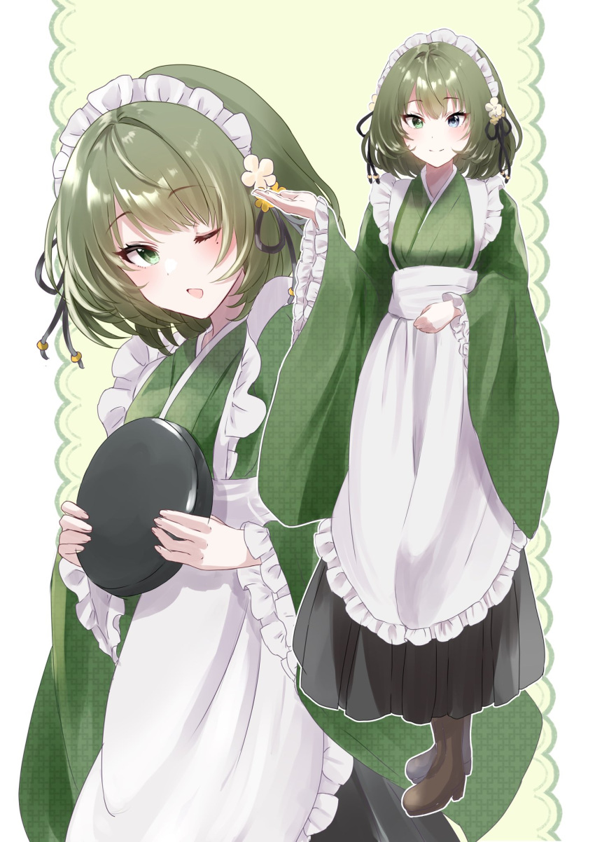 apron chii_(sbshop) flower frilled_apron frills green_hair green_kimono hair_ribbon heterochromia highres holding holding_tray idolmaster idolmaster_cinderella_girls japanese_clothes kimono kimono_skirt maid maid_apron maid_headdress mixed_maids mole mole_under_eye ribbon short_hair smile takagaki_kaede tray wa_maid white_apron